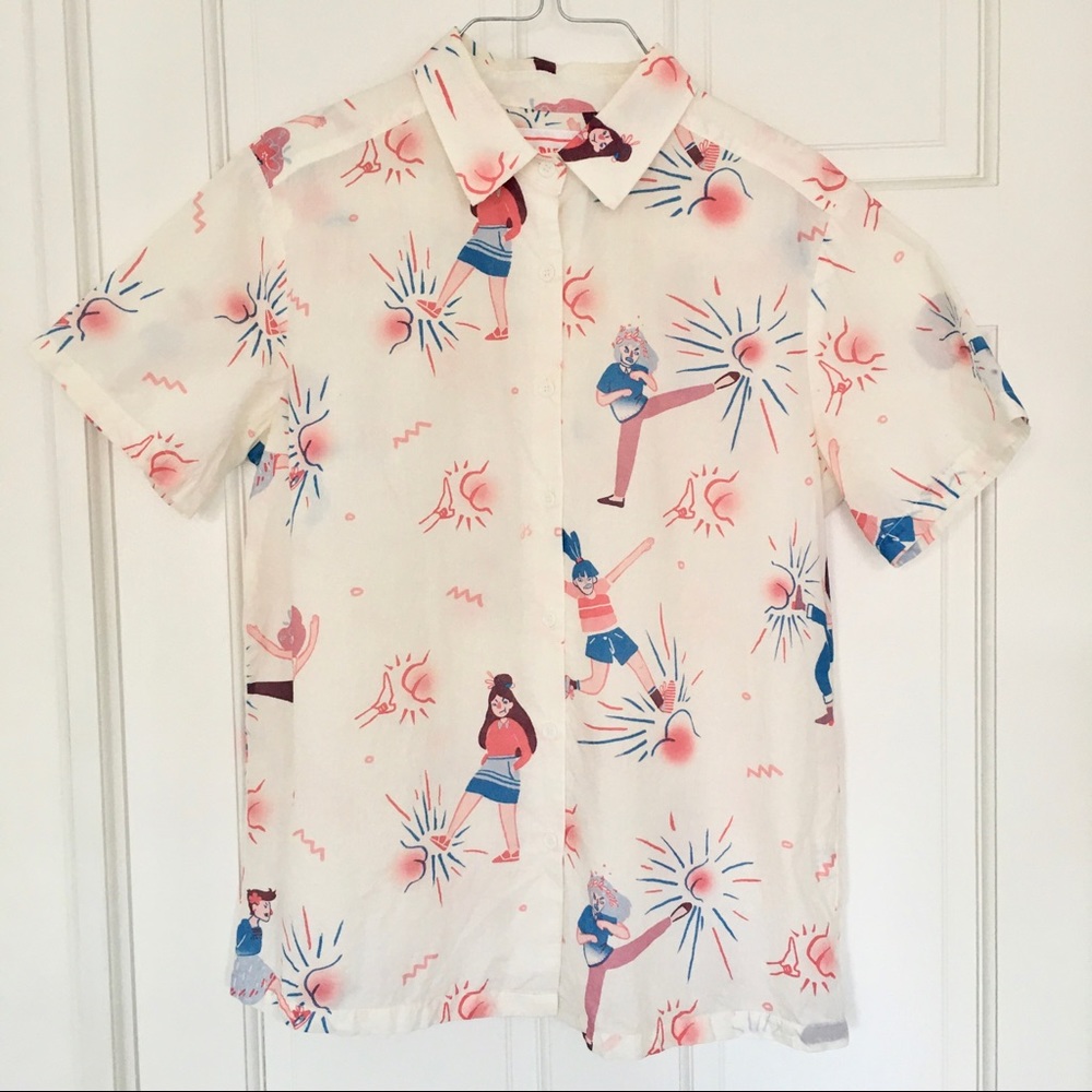 Ladies Kicking Butt Shortsleeved Button Down Shirt
